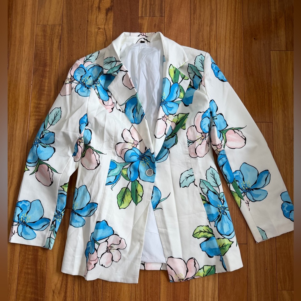 SHEIN Floral Print White Blazer Jacket with Blue & Pink Blooms
